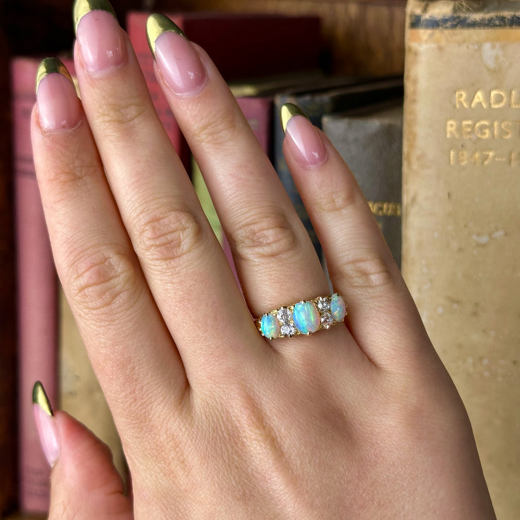 Antique Victorian Opal Diamond Ring 2ct Natural Opals