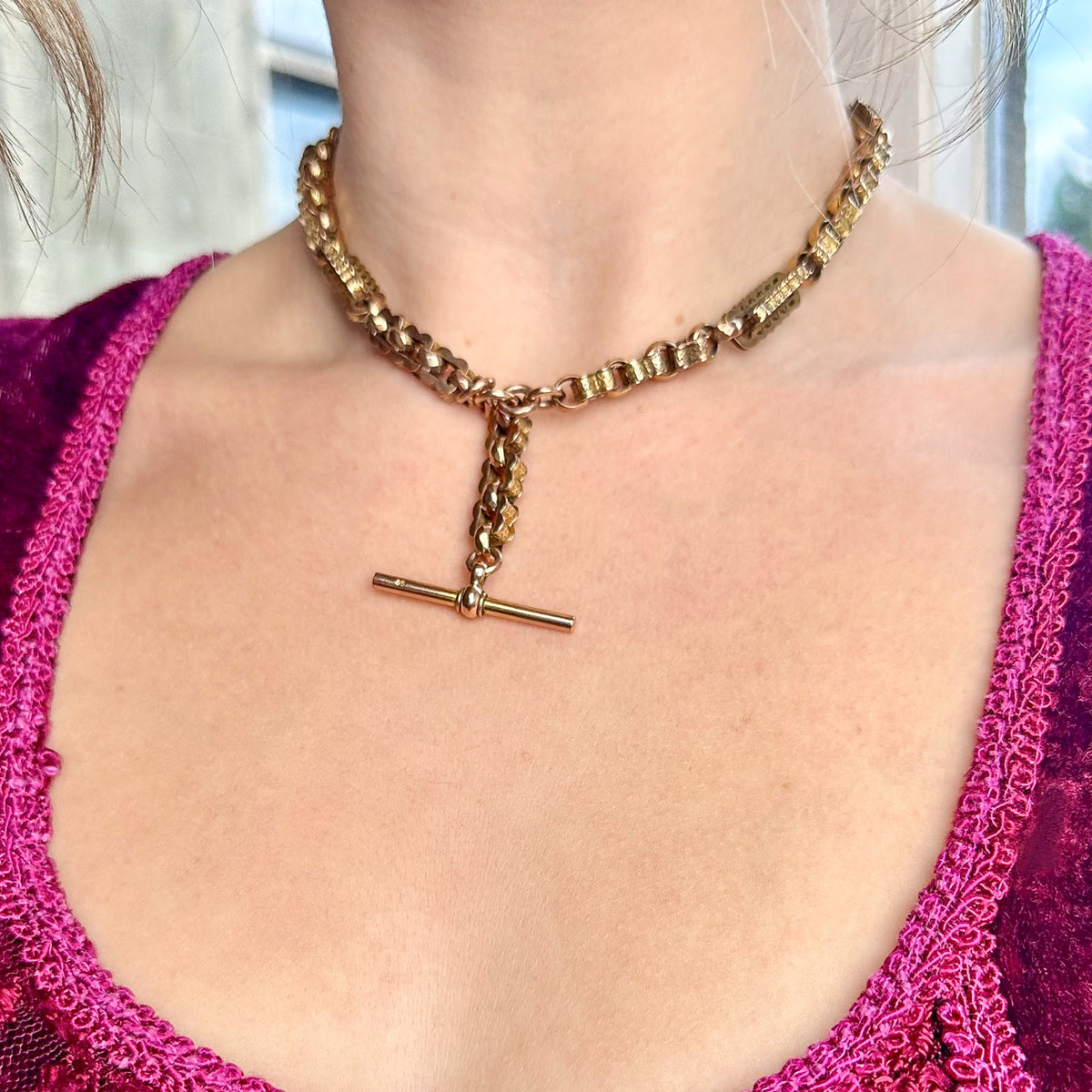 Antique Victorian Fetter Link Albert Chain 9ct Gold With T-Bar