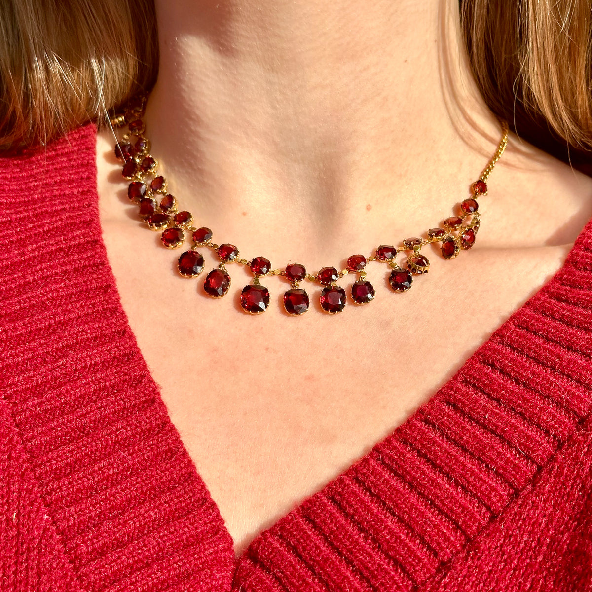 Antique Victorian Garnet Dropper Necklace 9ct Gold