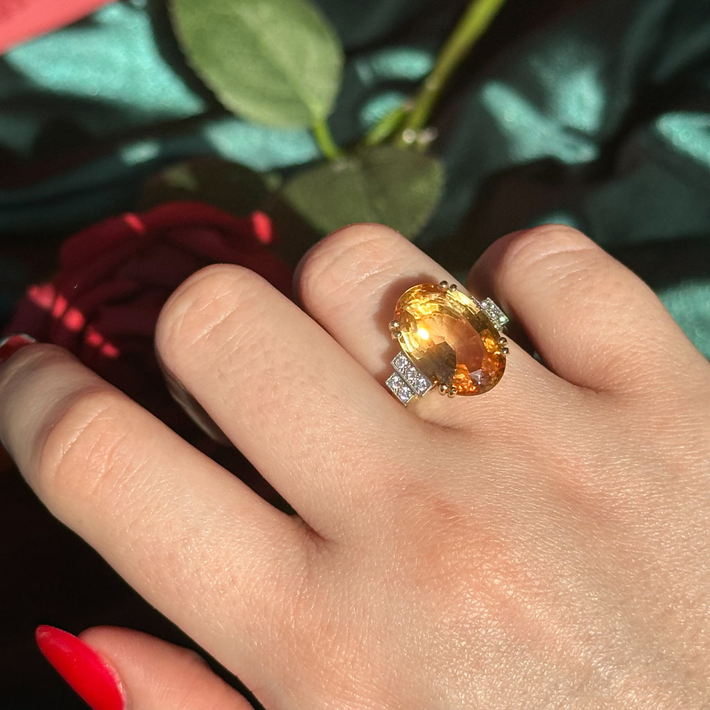 Art Deco Style Precious Topaz Diamond Ring 7ct Orange Topaz