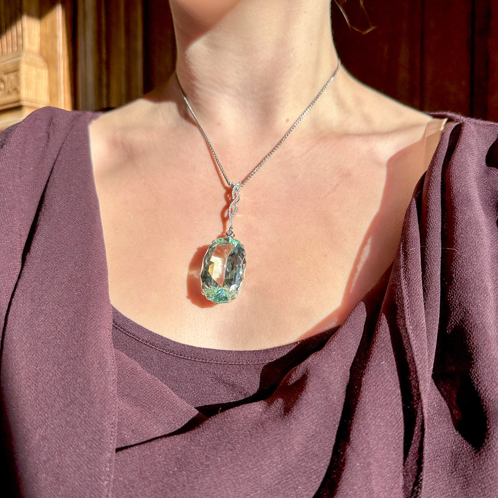 Vintage Aquamarine Diamond Pendant Necklace 18ct Gold 62ct Green Aqua