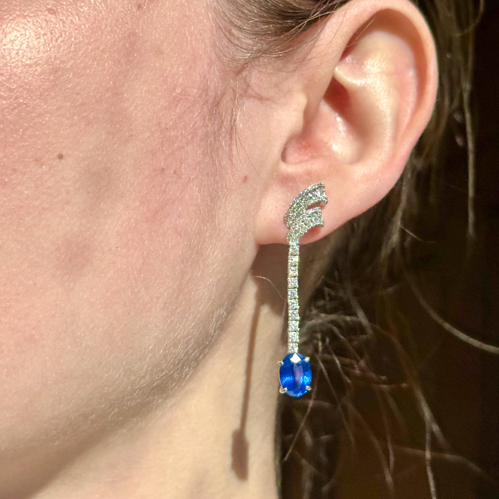 Art Deco Style Ceylon Sapphire Diamond Earrings With Cert And Box