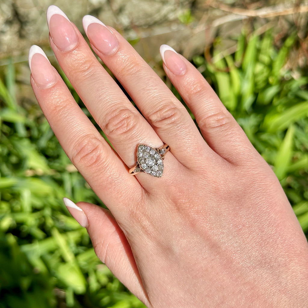 Antique Victorian Diamond Navette Cluster Ring 1ct Total