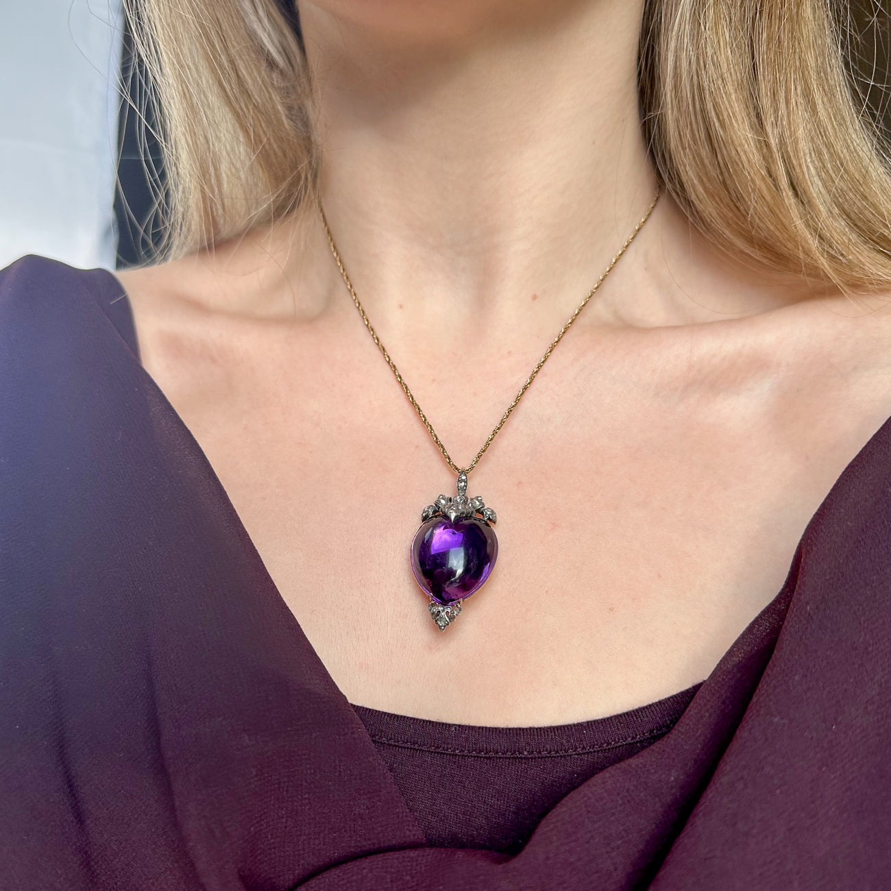 Antique Georgian Amethyst Heart Diamond Pendant Locket Necklace