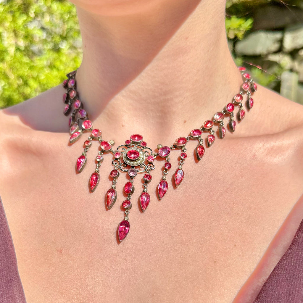 Antique Victorian Pink Paste Pearl Dropper Necklace Silver