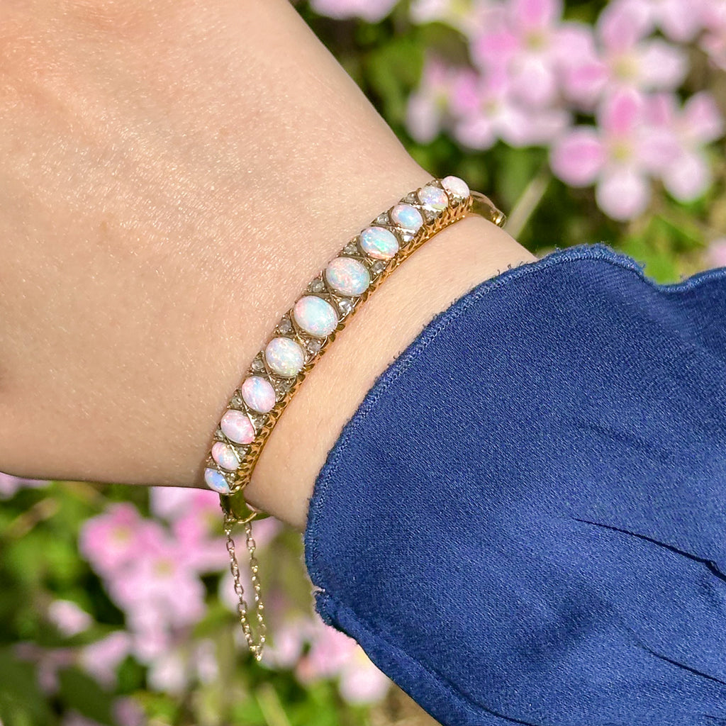 Antique Victorian Opal Diamond Bangle 15ct Gold