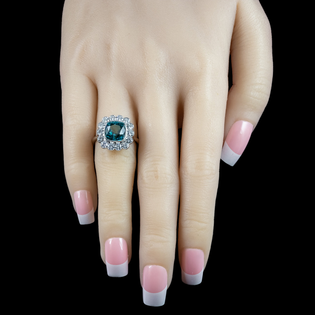 Edwardian Style Blue Zircon Diamond Cluster Ring 6.78ct Zircon