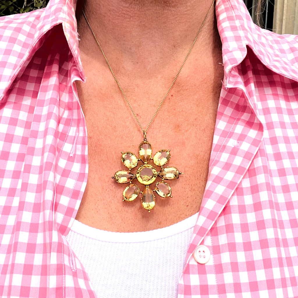 Antique Georgian Citrine Flower Pendant Brooch 18ct Gold