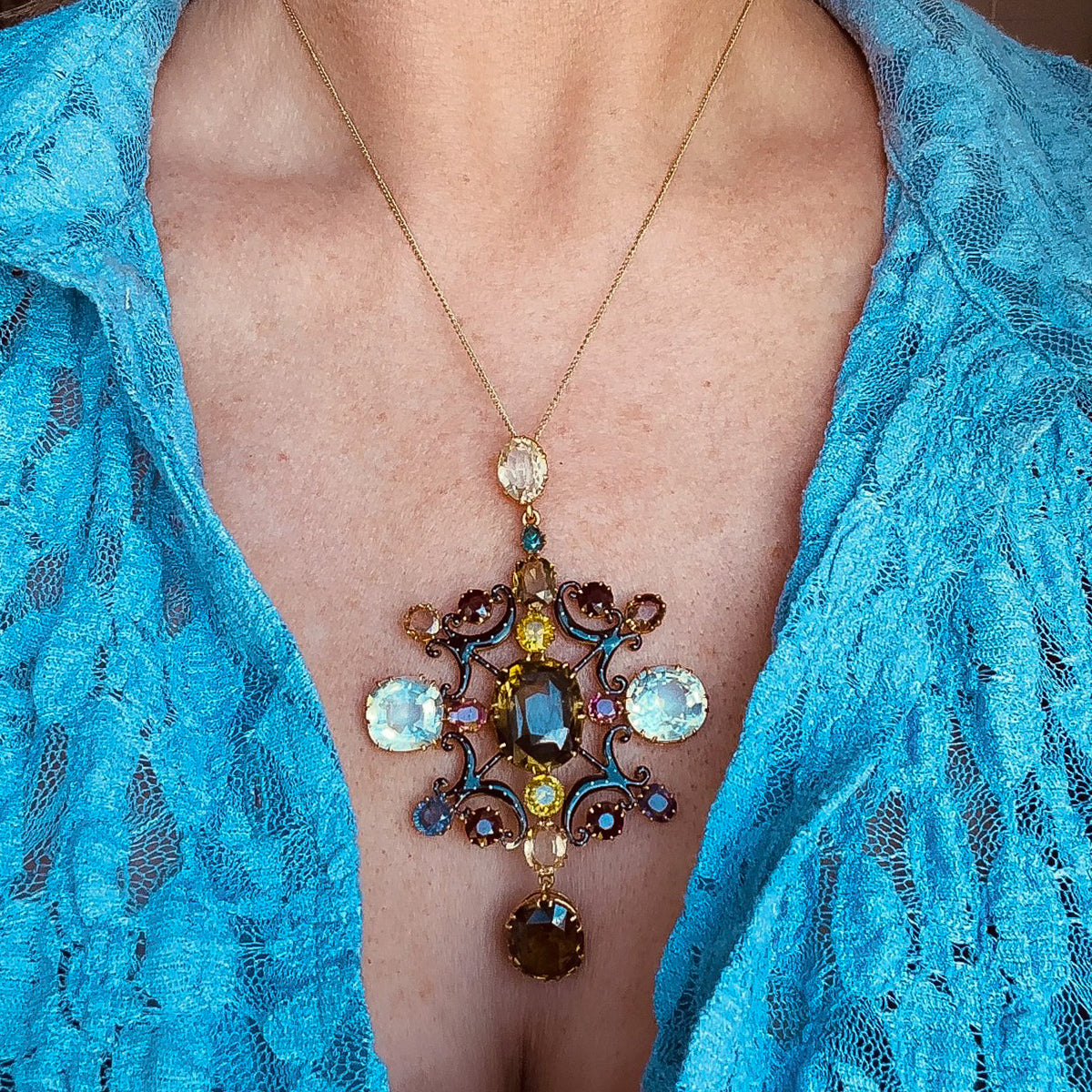 Antique Victorian Large Multi-Gemstone Harlequin Pendant With Box