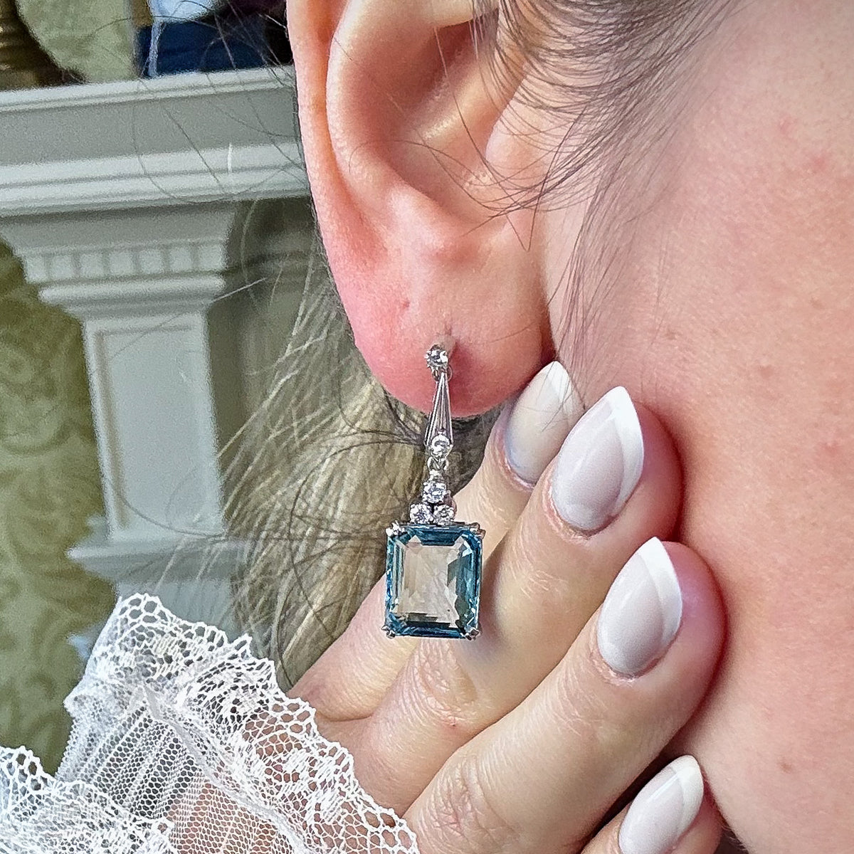 Art Deco Aquamarine Diamond Drop Earrings 18ct Gold 6.5ct Aquas