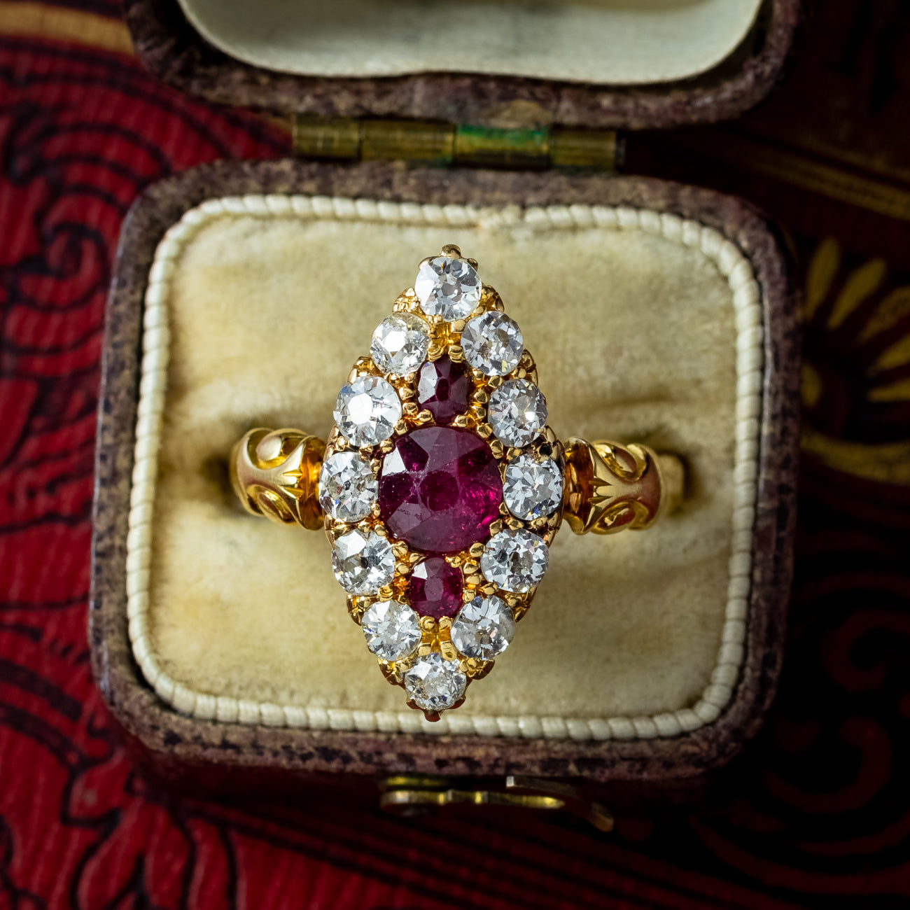 Antique Victorian Ruby Diamond Navette Cluster Ring Secondary image