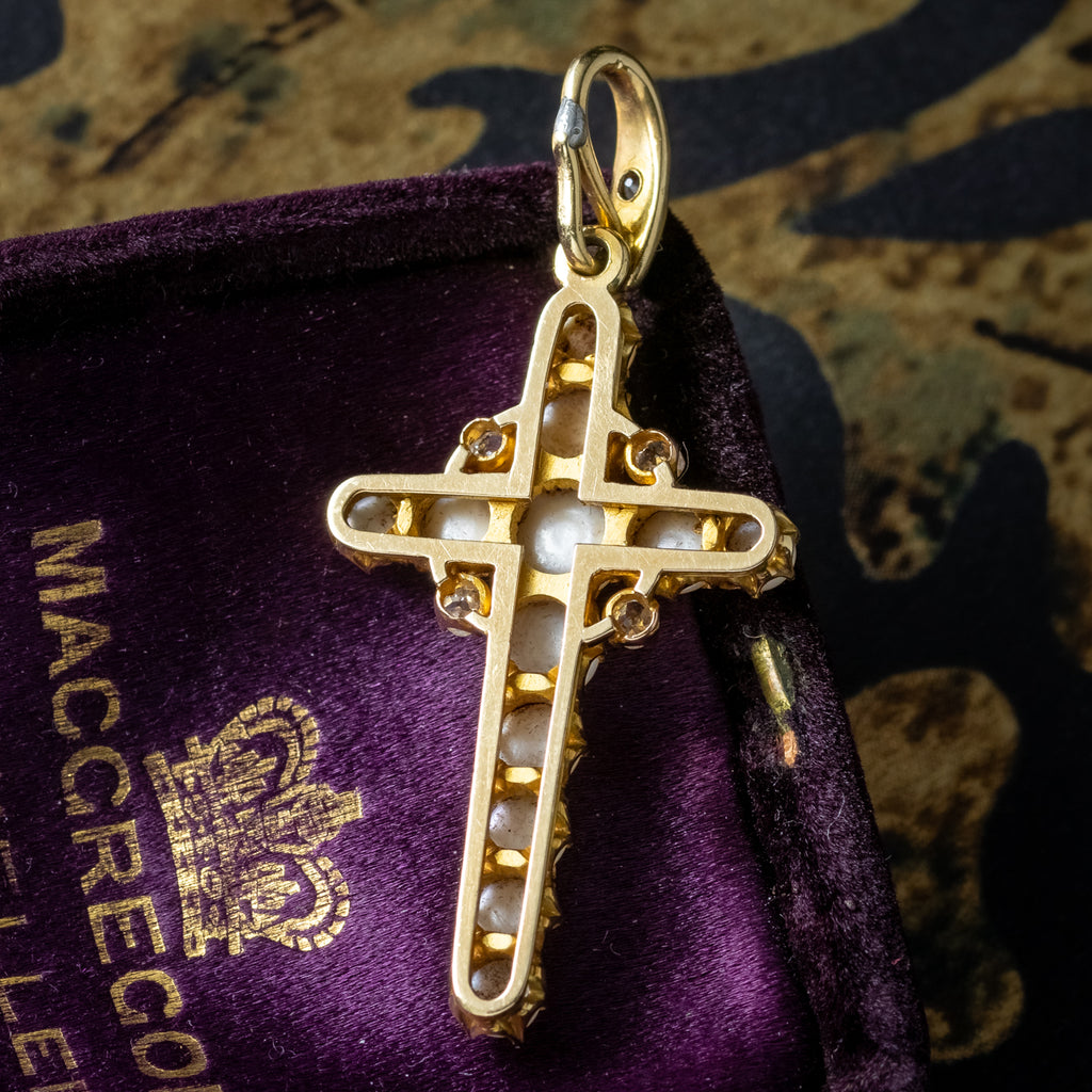 Antique Victorian Pearl Diamond Cross Pendant 18ct Gold With Box