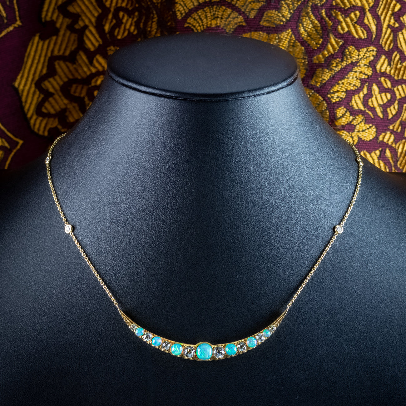 Antique Victorian Opal Diamond Necklace Crescent Moon 18ct Gold With Box Secondary image