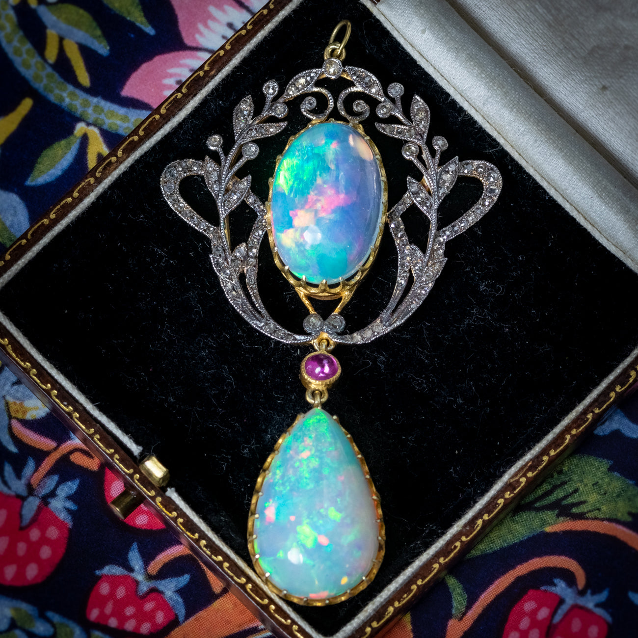 Vintage Opal Diamond Ruby Pendant Silver Gold With Box Secondary image