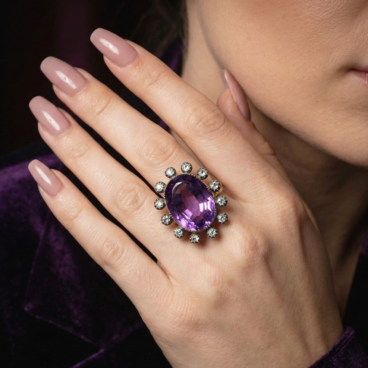 Antique Georgian Amethyst Diamond Cluster Ring 18ct Amethyst 