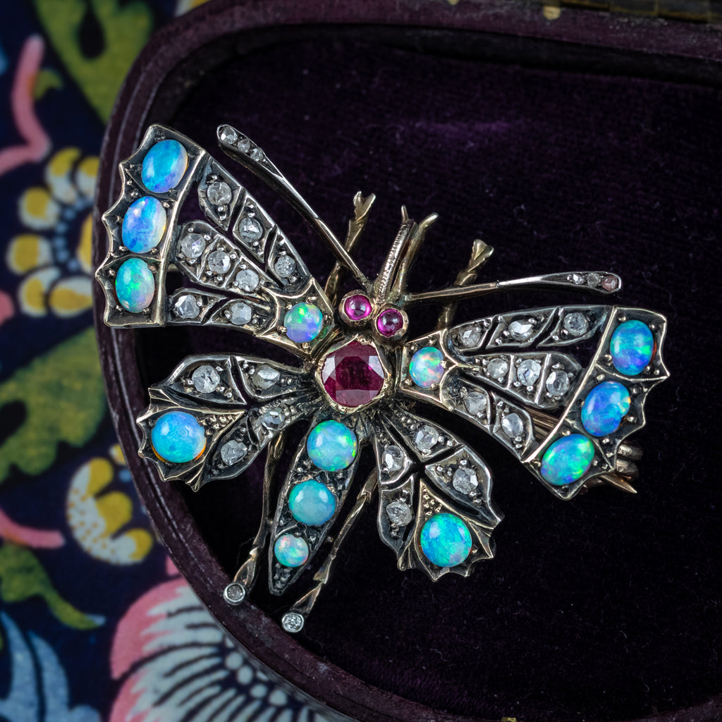Antique Victorian Butterfly Brooch Diamond Opal Ruby