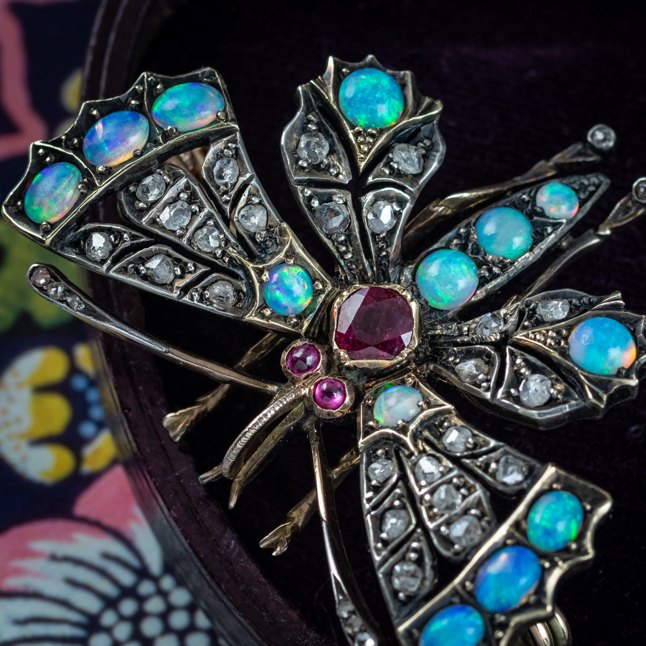 Antique Victorian Butterfly Brooch Diamond Opal Ruby