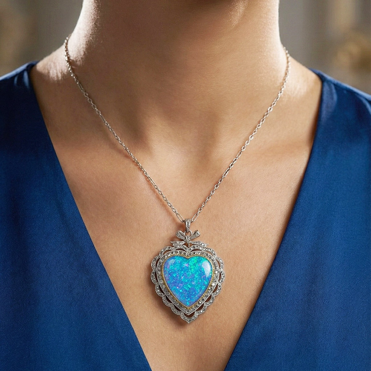 Antique Edwardian Opal Diamond Heart Pendant Necklace Platinum 18ct Gold