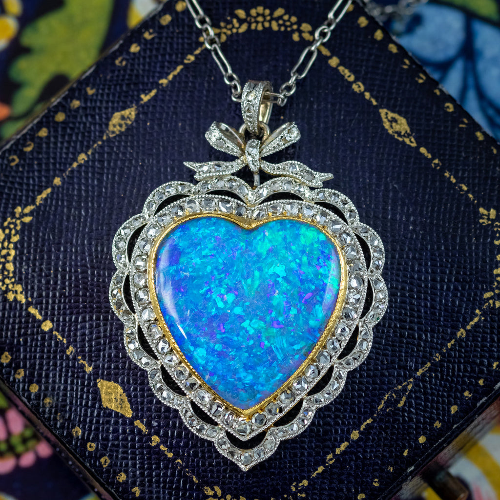 Antique Edwardian Opal Diamond Heart Pendant Necklace Platinum 18ct Gold