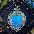 Antique Edwardian Opal Diamond Heart Pendant Necklace Platinum 18ct Gold