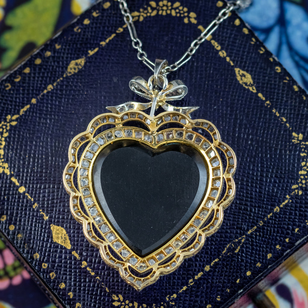 Antique Edwardian Opal Diamond Heart Pendant Necklace Platinum 18ct Gold