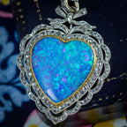 Antique Edwardian Opal Diamond Heart Pendant Necklace Platinum 18ct Gold