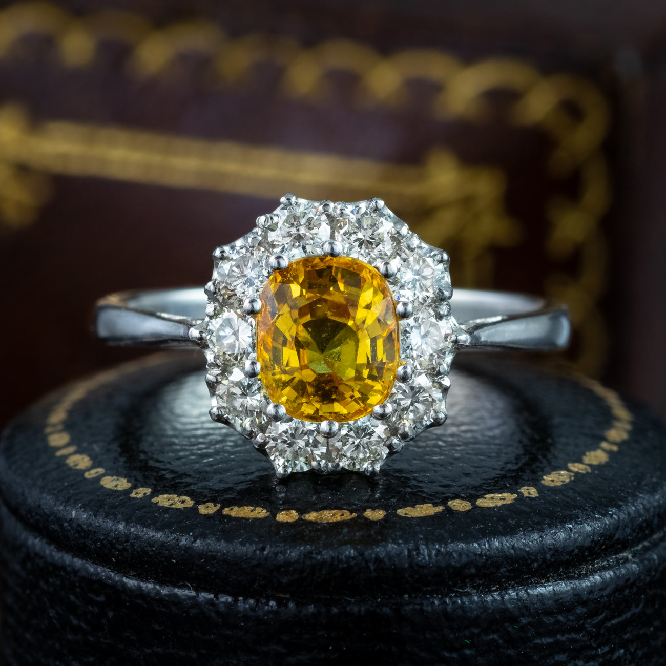 Edwardian Style Yellow Sapphire Diamond Cluster Ring 0.90ct Sapphire