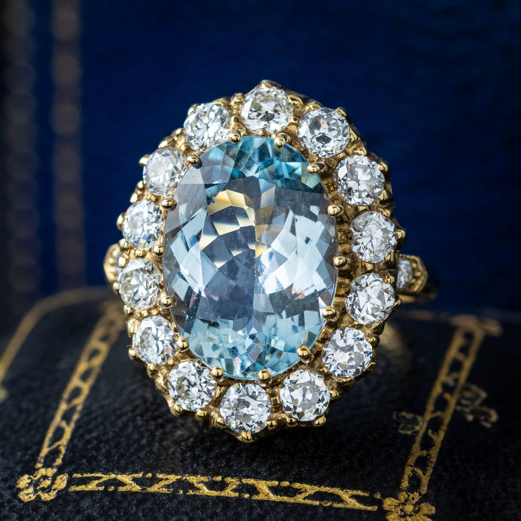 Vintage Aquamarine Diamond Cluster Ring 5.5ct Aqua