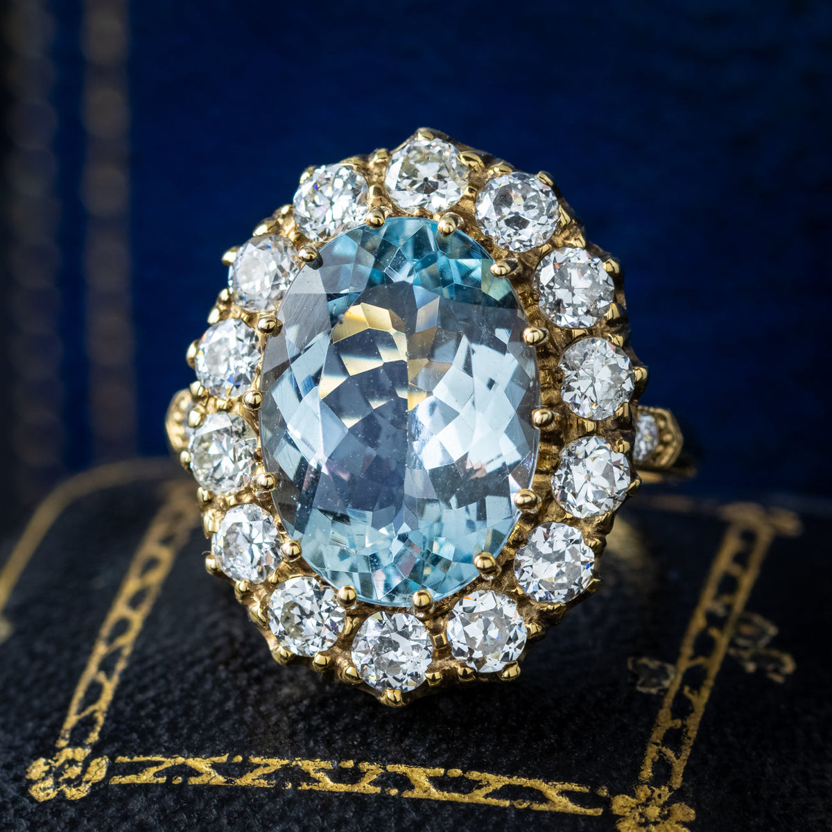 Vintage Aquamarine Diamond Cluster Ring 5.5ct Aqua