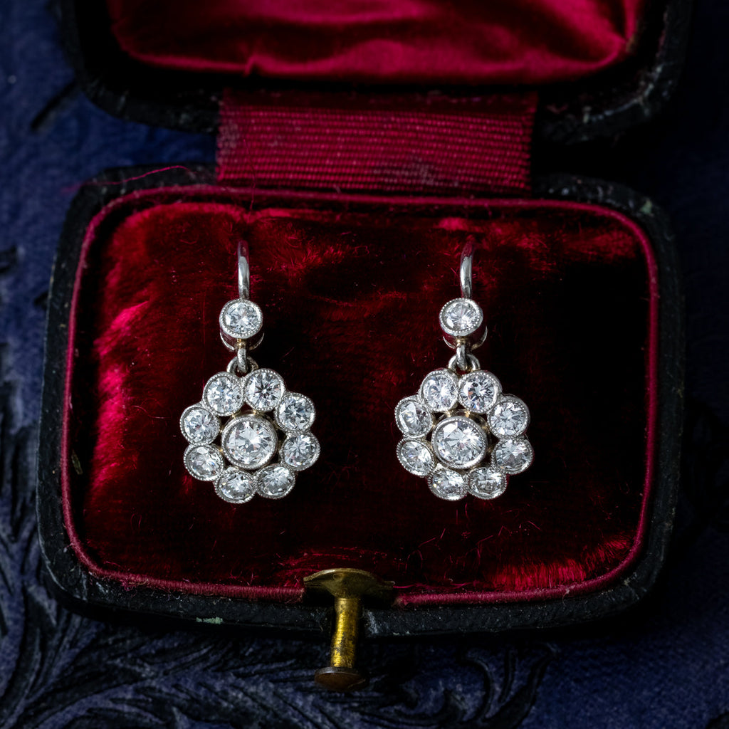 Antique Edwardian Diamond Earrings 1.84ct Daisy Cluster