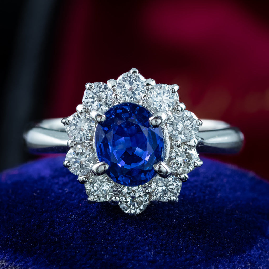 Vintage Sapphire Diamond Cluster Ring 1.1ct Blue Sapphire