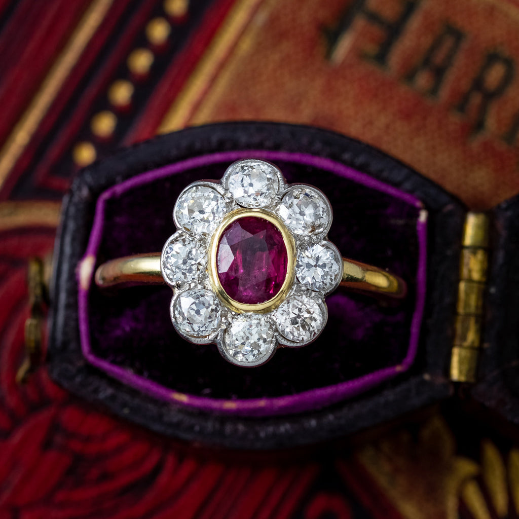 Antique Edwardian Ruby Diamond Daisy Cluster Ring 0.70ct Ruby