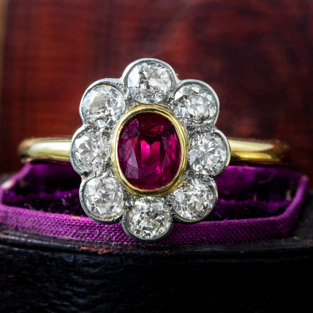 Antique Edwardian Ruby Diamond Daisy Cluster Ring 0.70ct Ruby