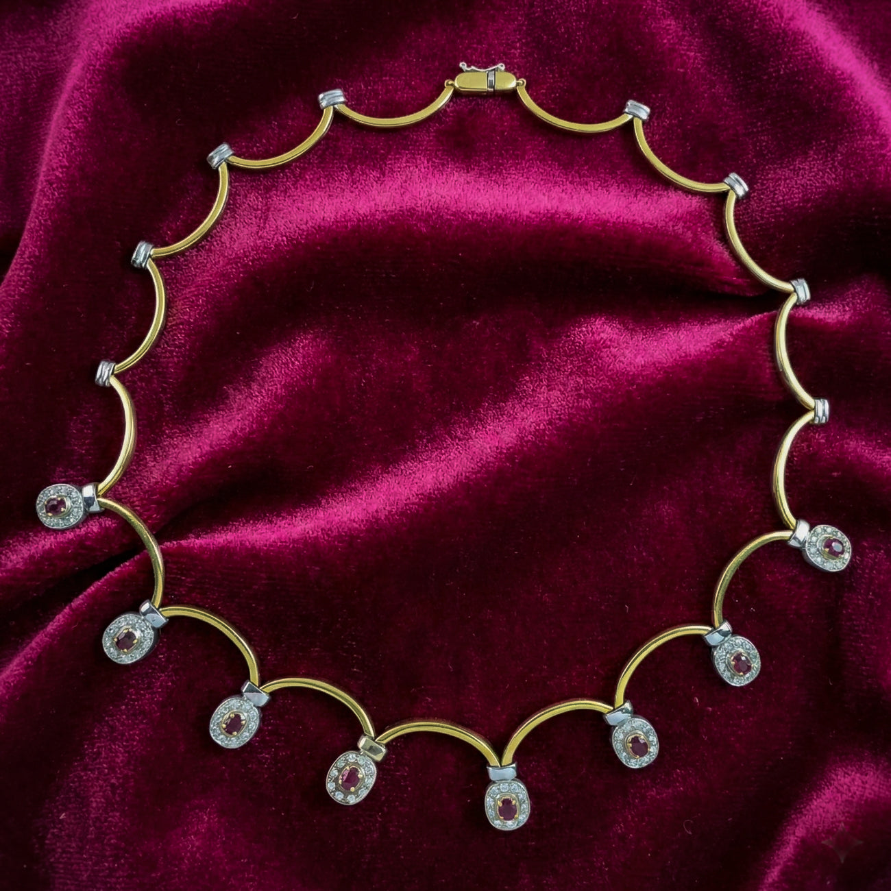 Vintage Ruby Diamond Collar Necklace Two Tone 18ct Gold
