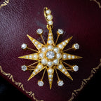 Antique Victorian Pearl Diamond Star Pendant Brooch 15ct Gold With Box