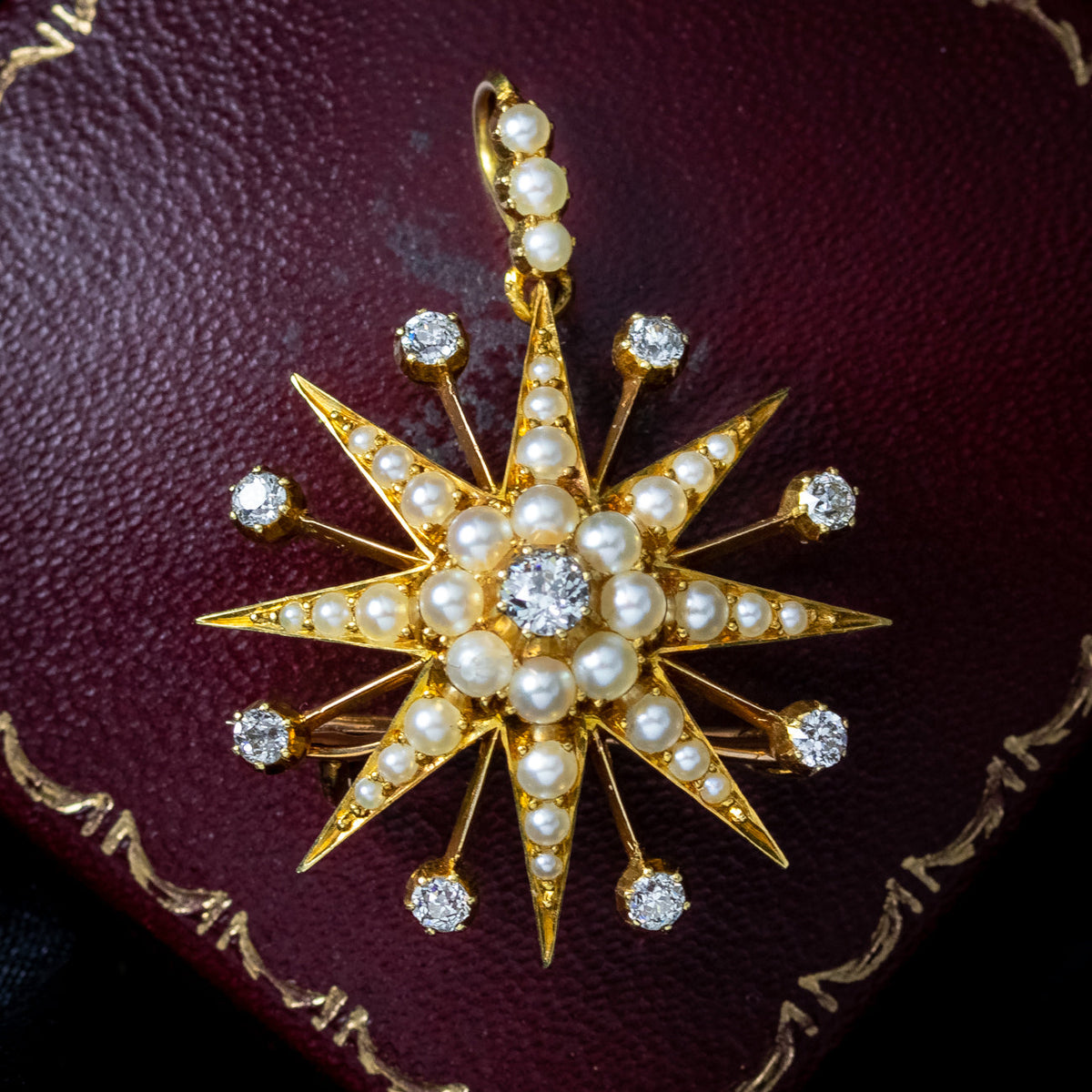 Antique Victorian Pearl Diamond Star Pendant Brooch 15ct Gold With Box