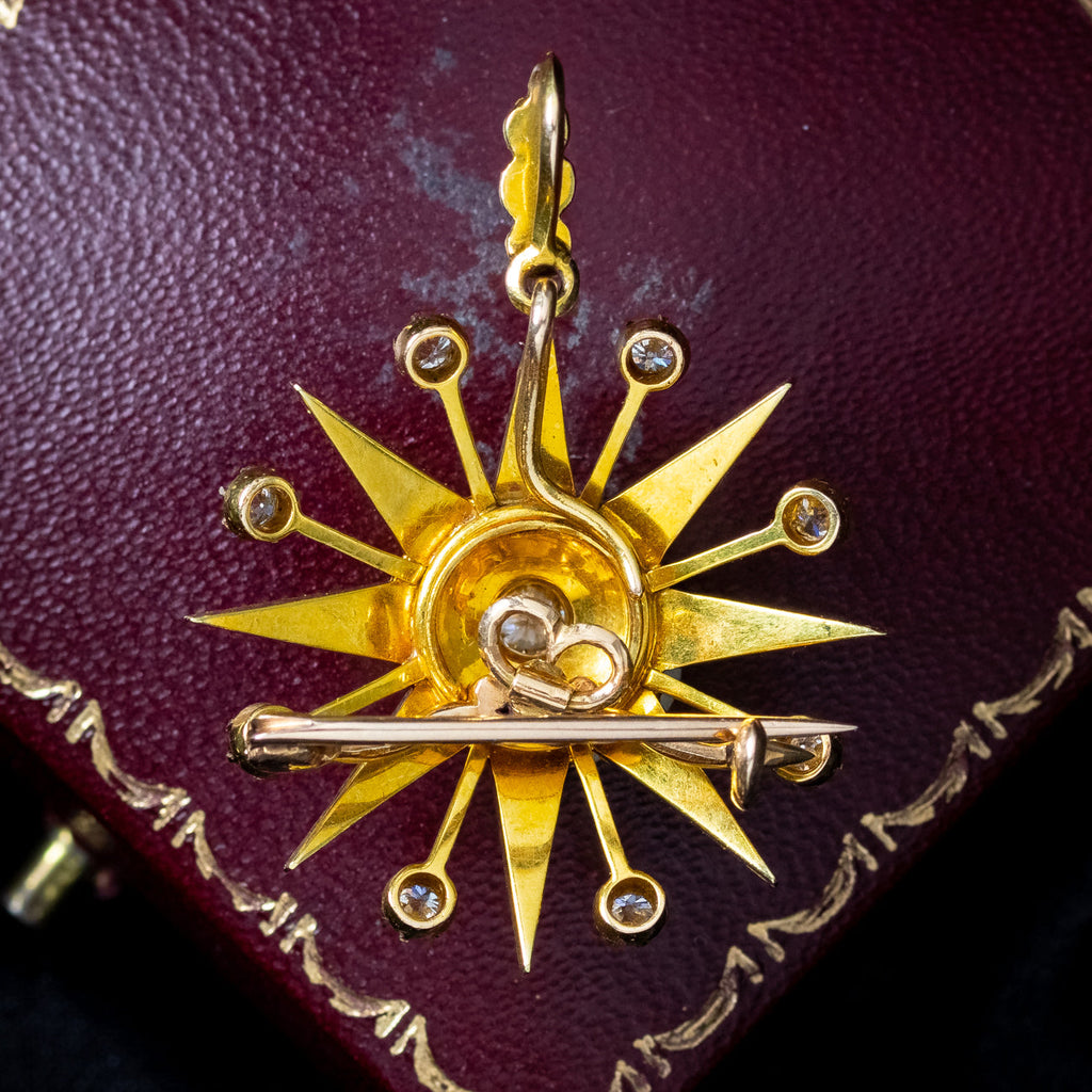 Antique Victorian Pearl Diamond Star Pendant Brooch 15ct Gold With Box