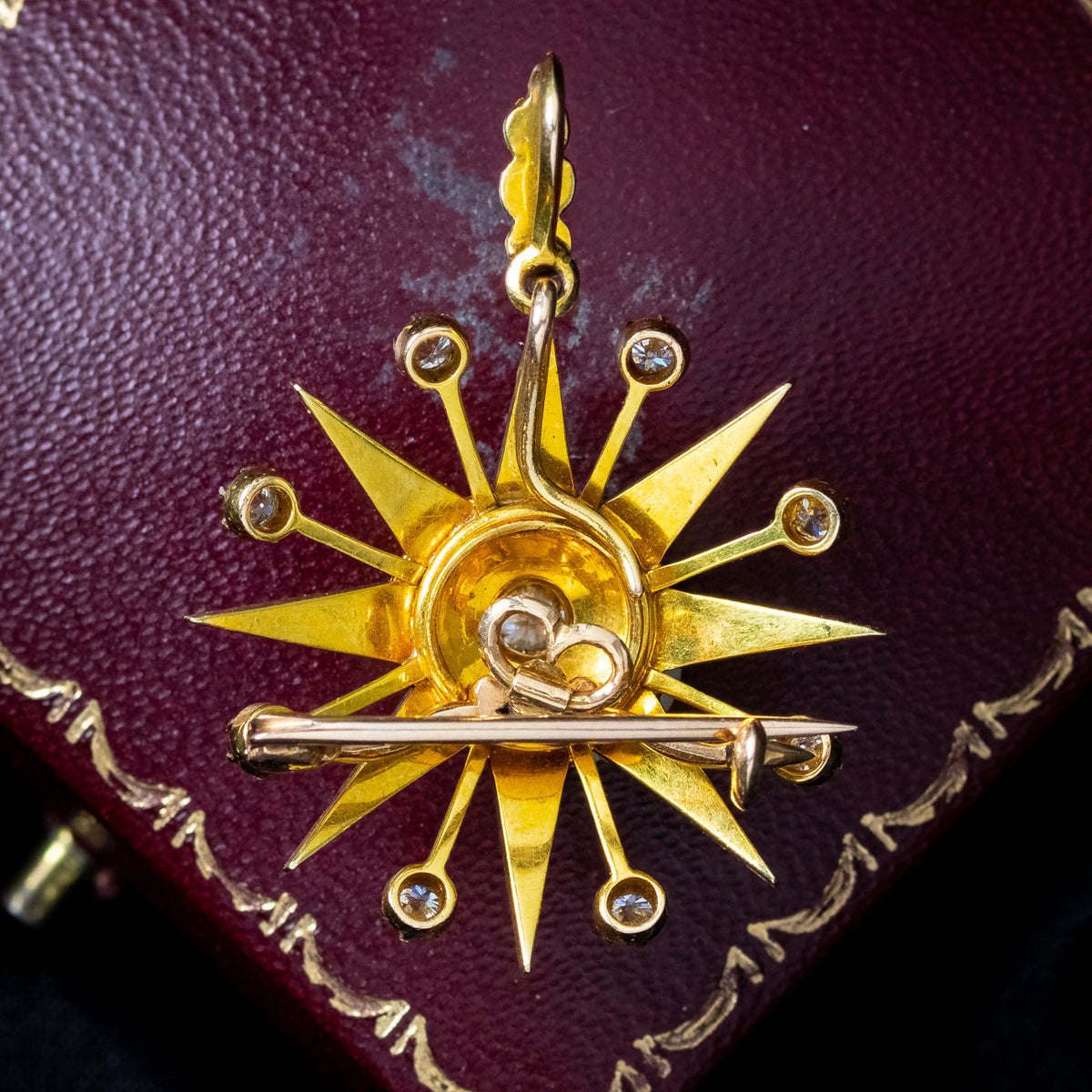 Antique Victorian Pearl Diamond Star Pendant Brooch 15ct Gold With Box