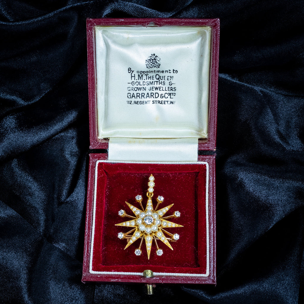 Antique Victorian Pearl Diamond Star Pendant Brooch 15ct Gold With Box