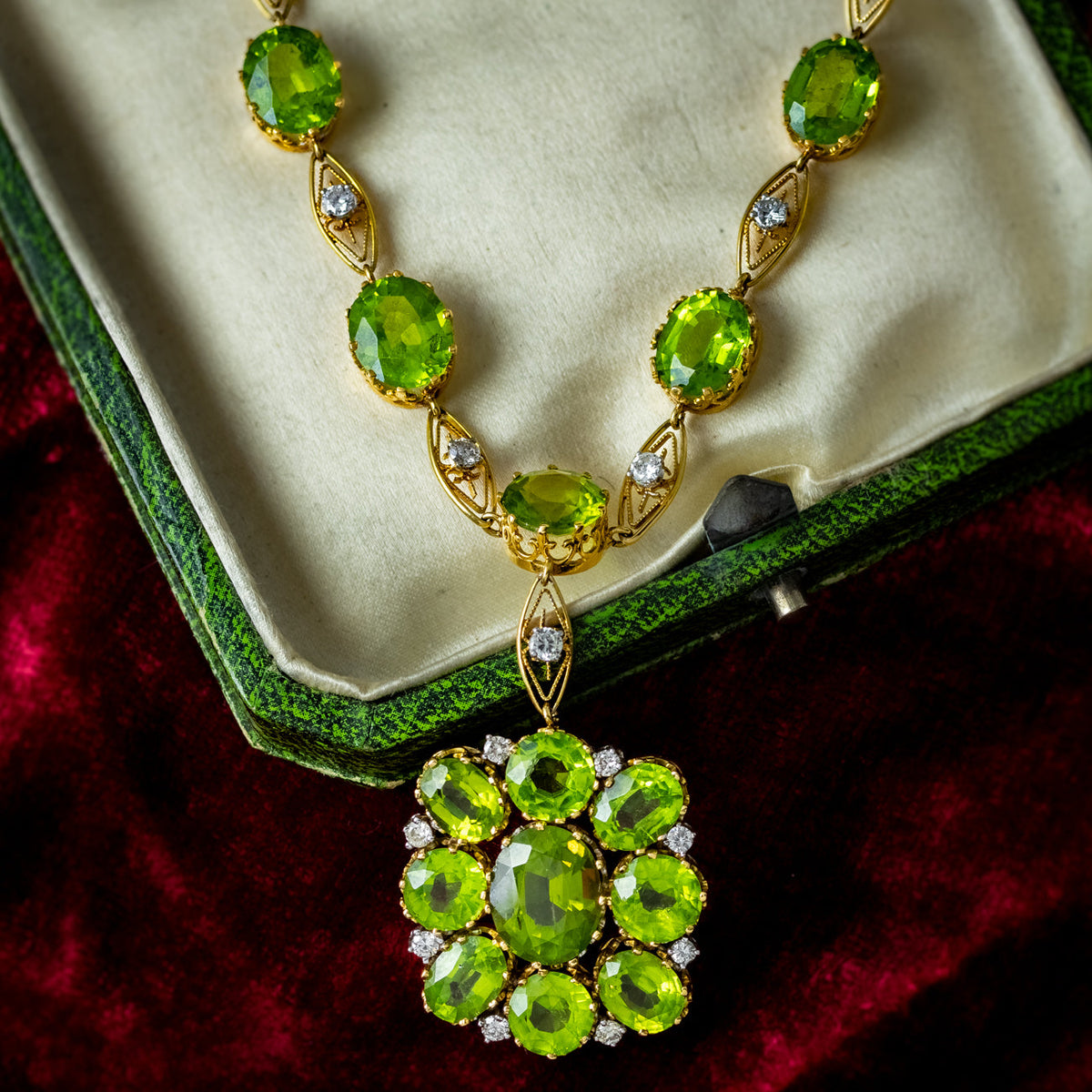 Antique Edwardian Peridot Diamond Lavaliere Necklace 18ct Gold With Box