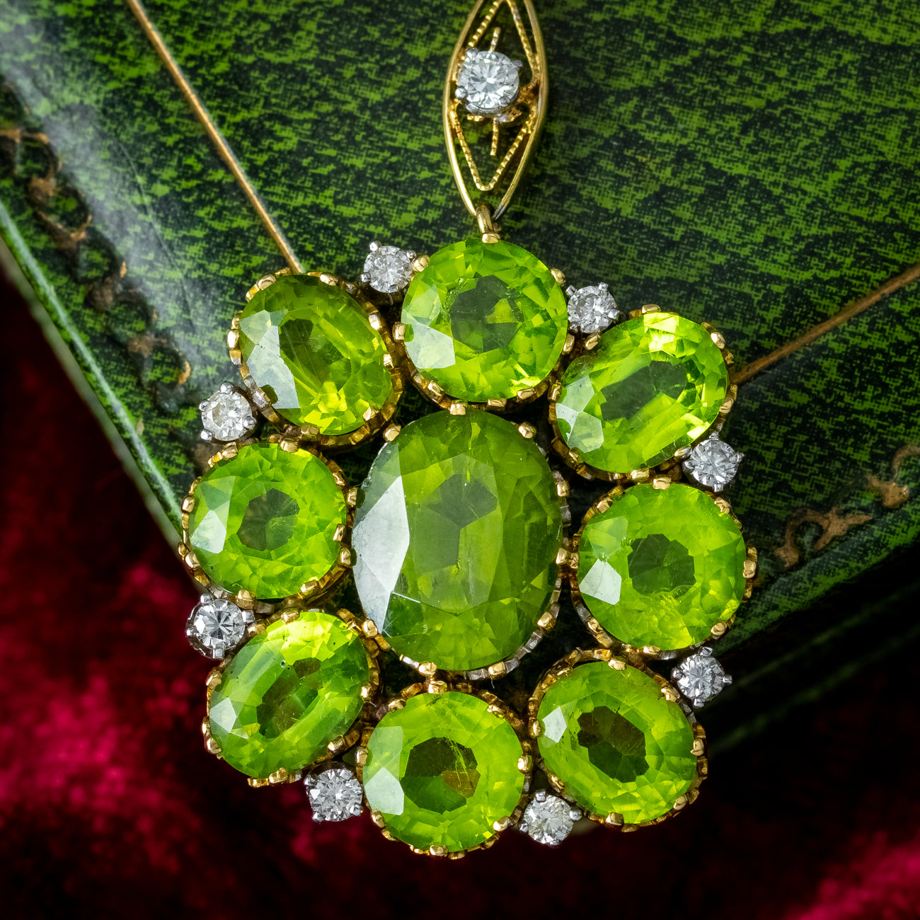 Antique Edwardian Peridot Diamond Lavaliere Necklace 18ct Gold With Box