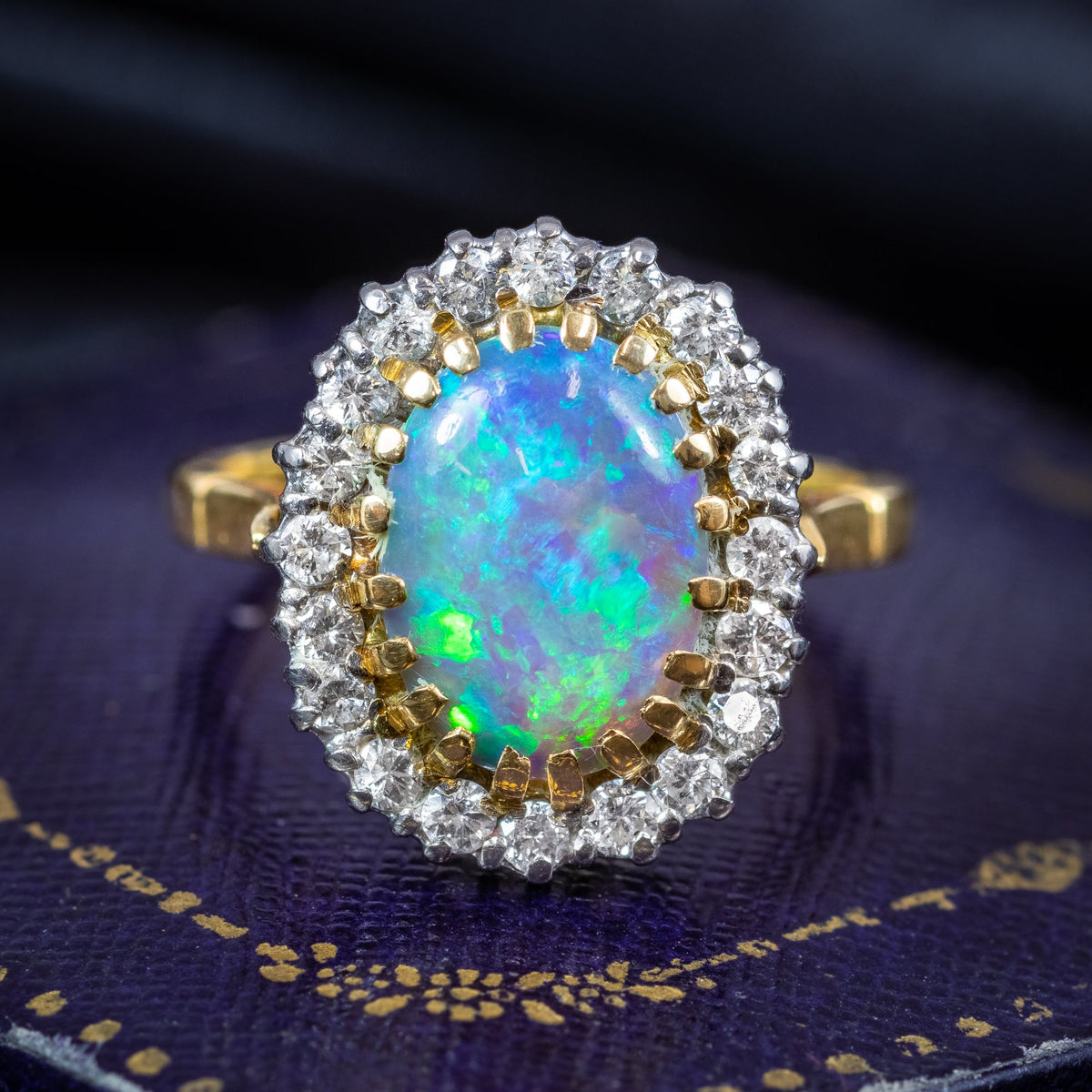 Vintage Opal Diamond Cluster Ring 2ct Natural Opal