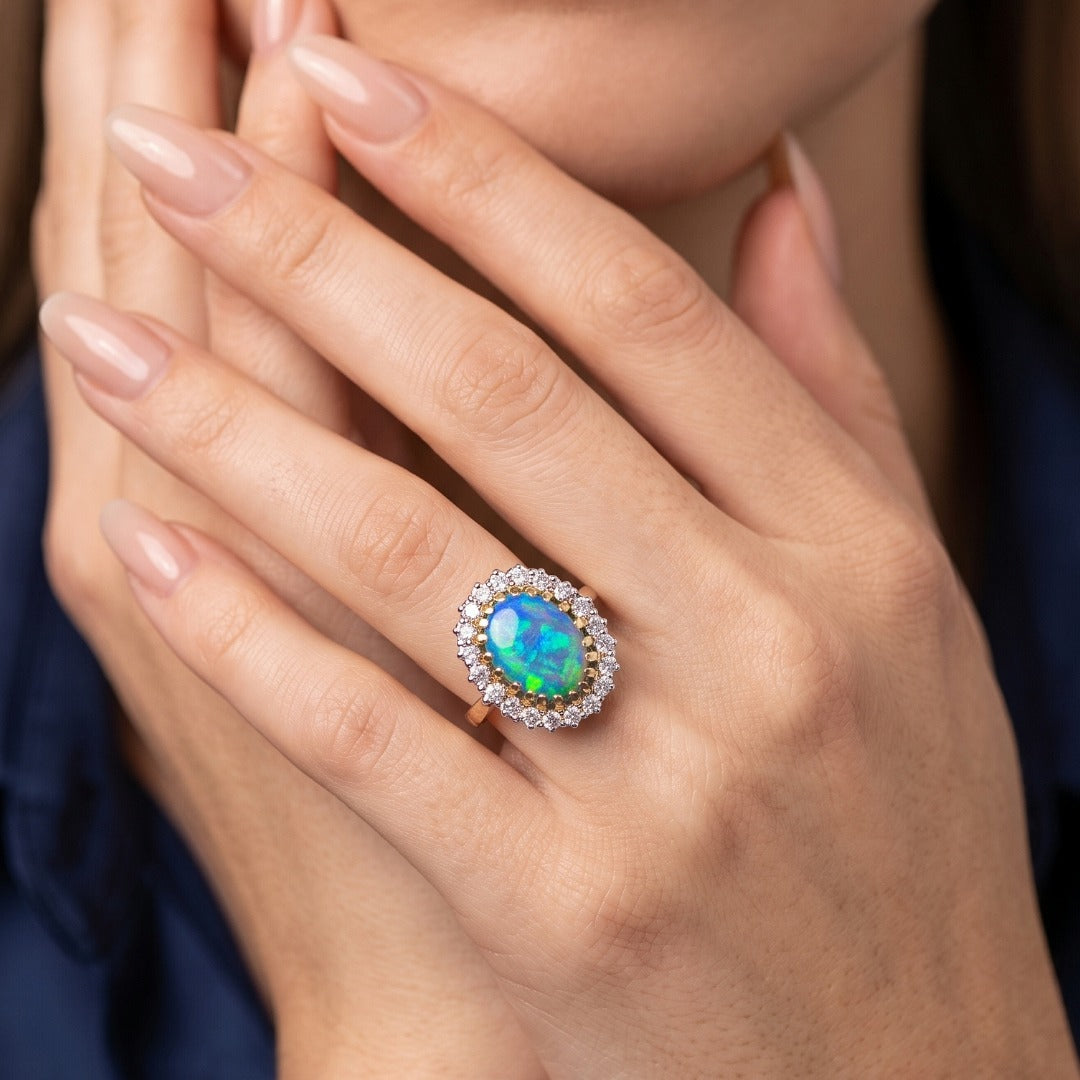 Vintage Opal Diamond Cluster Ring 2ct Natural Opal