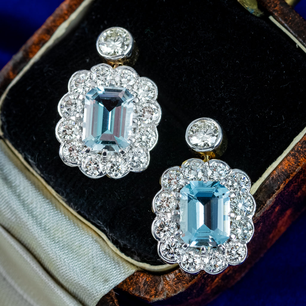 Edwardian Style Aquamarine Diamond Earrings 18ct Gold 2ct Aquas