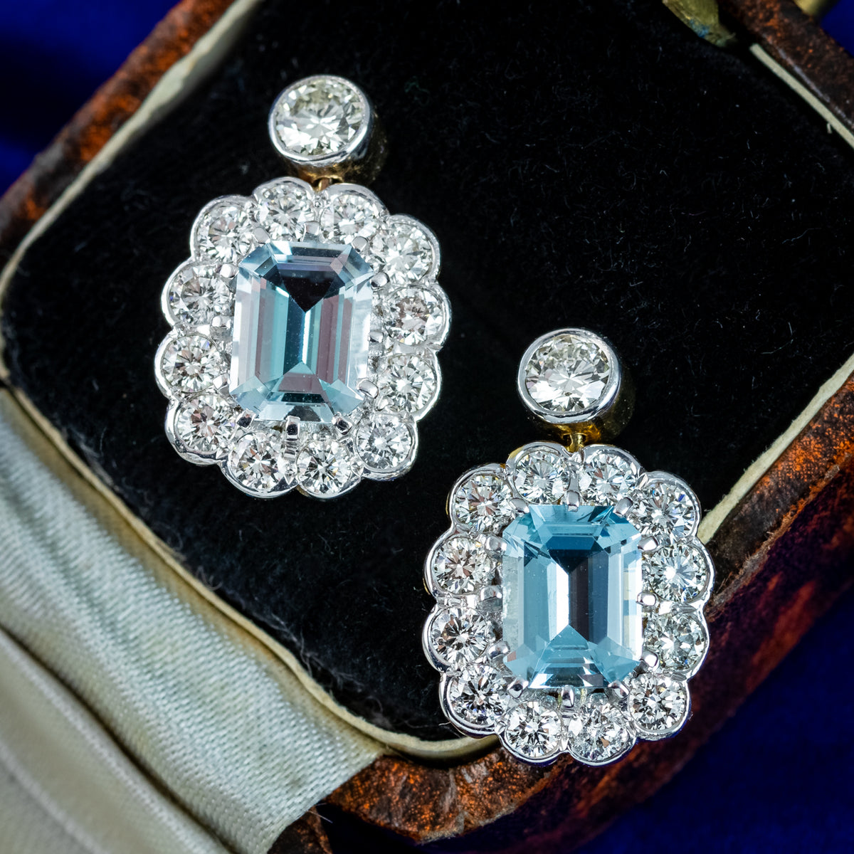Edwardian Style Aquamarine Diamond Earrings 18ct Gold 2ct Aquas