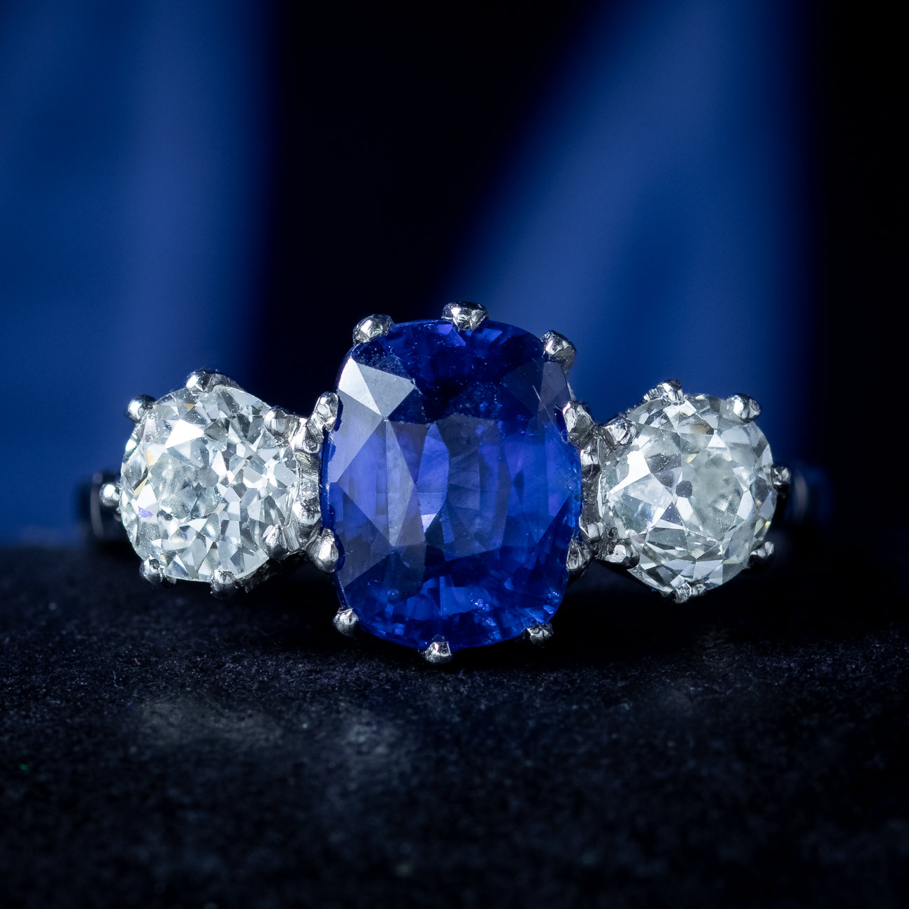 Edwardian Style Sapphire Diamond Trilogy Ring 2.7ct Sapphire 