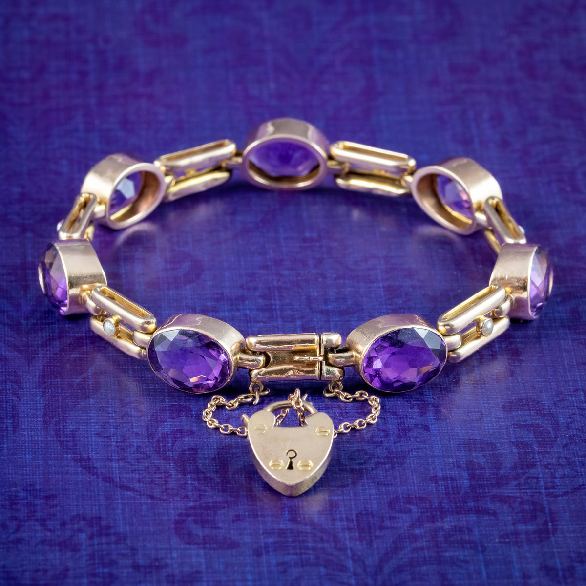 Antique Art Deco Amethyst Pearl Bracelet 9ct Gold With Heart Padlock Main image