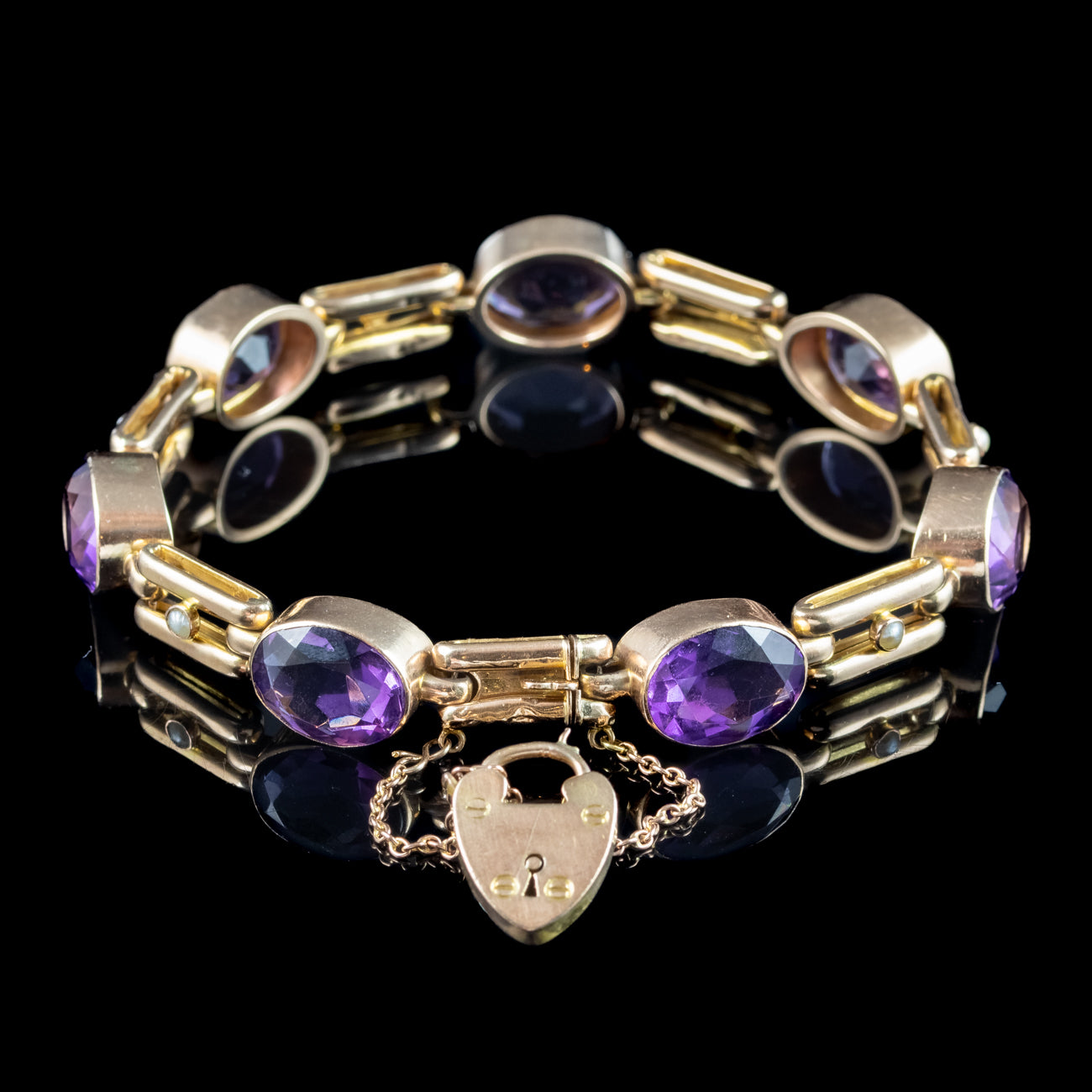 Antique Art Deco Amethyst Pearl Bracelet 9ct Gold With Heart Padlock Secondary image