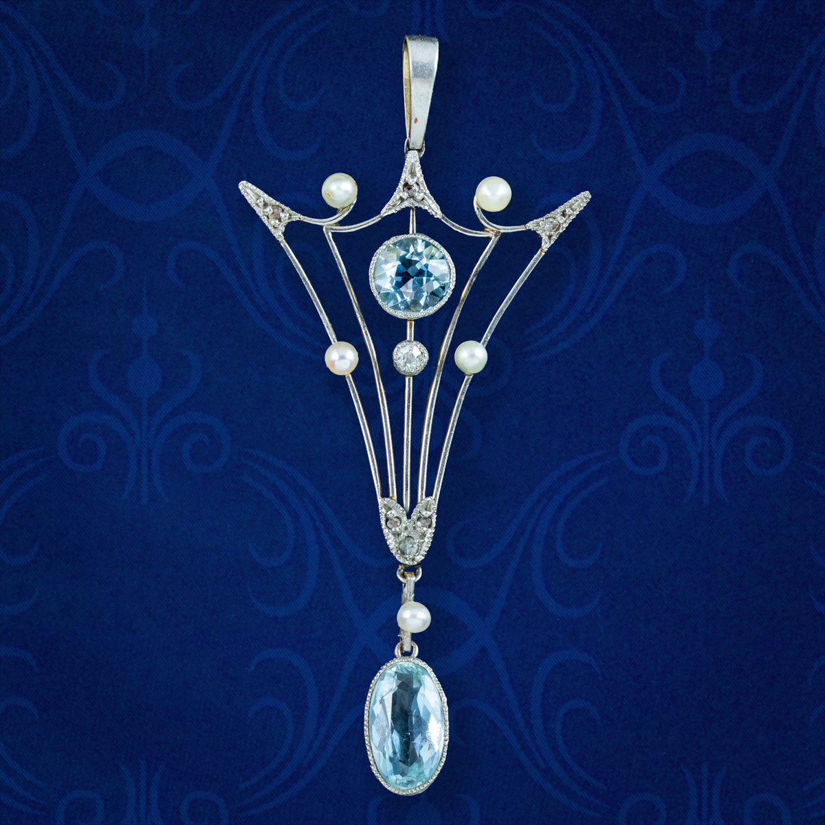 Antique Art Deco Aquamarine Pearl Diamond Pendant 15ct Gold Platinum