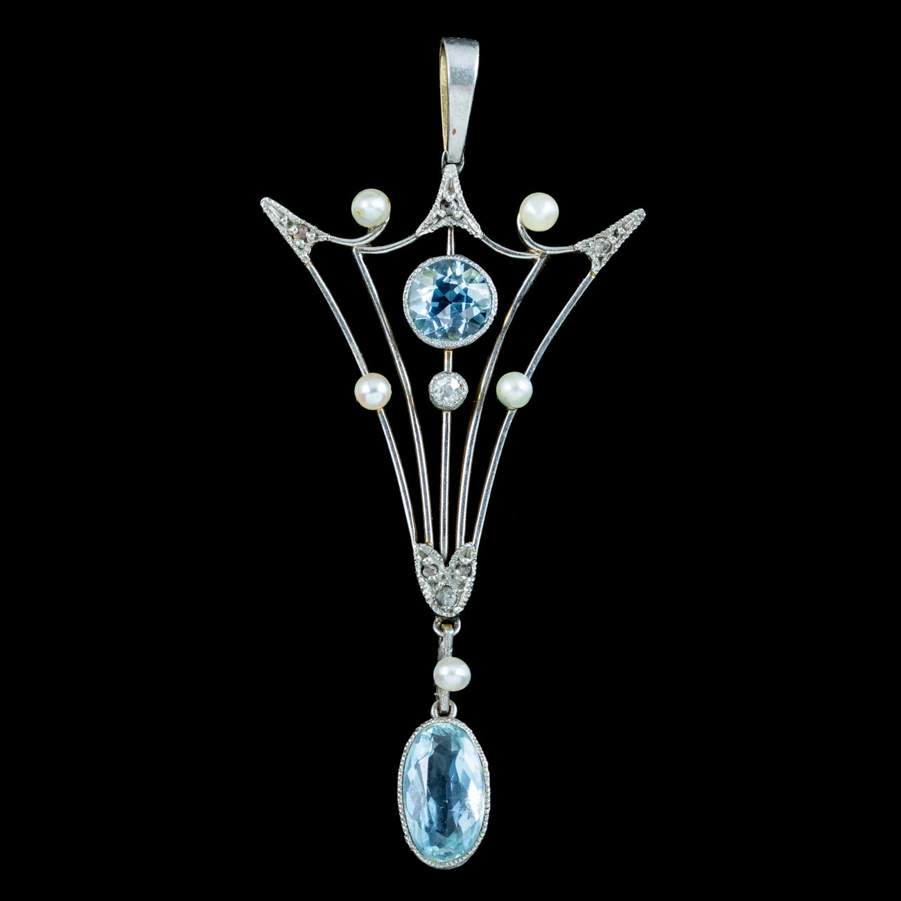 Antique Art Deco Aquamarine Pearl Diamond Pendant 15ct Gold Platinum Secondary image